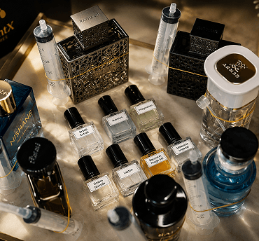 Shelves of authentic fragrance bottles