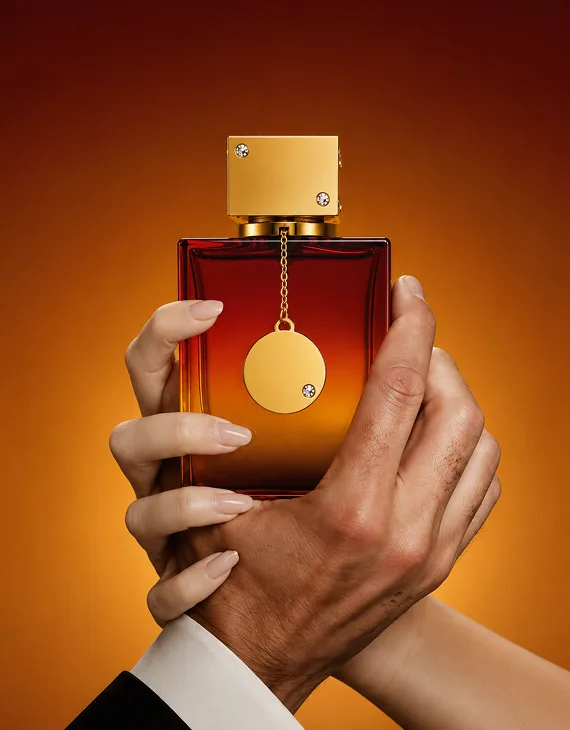 Hands presenting a fragrance bottle