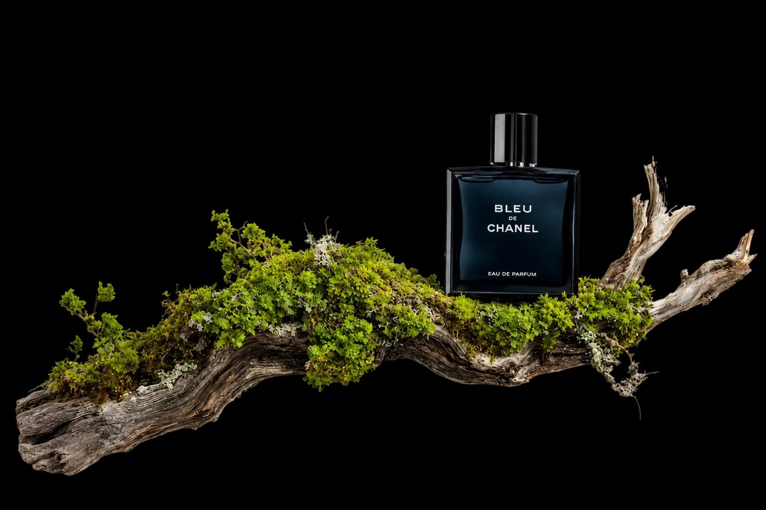 Perfume bottle resting on a moss-covered branch